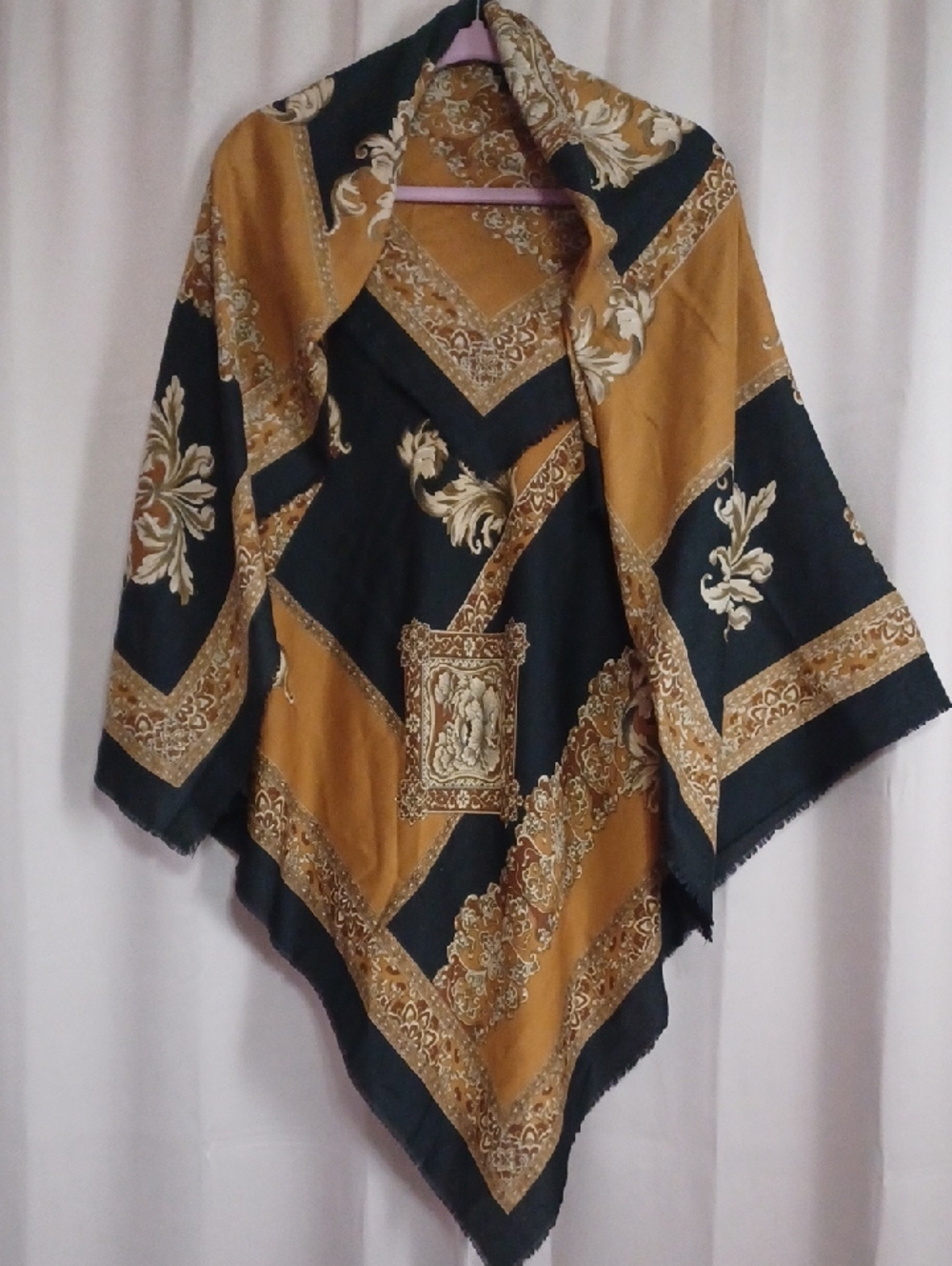 Black And Mustard Yellow Baroque Style Scarf Shawl Wrap Raw Edges Appx 46×46